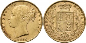 Great Britain - Sovereign 1872, Gold, VICTORIA 1837–1901 Young head over date. Rev. crowned arms between two branches. S. 3853B; KM. 736.2; Fr. 387i (...