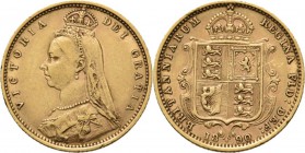 Great Britain - ½ Sovereign 1890, Gold, VICTORIA 1837–1901 Jubilee bust to left. Rev. crowned arms, date below. S. 3869D; Fr. 393 (258).3.97 g. Some t...