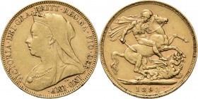 Great Britain - Sovereign 1893, Gold, VICTORIA 1837–1901 Old veiled bust to left. Rev. George slaying dragon, date in exergue.S. 3874; Fr. 396 (261). ...