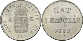 Hungary - 6 Kreuzer 1849 , Silver, FERENCZ JOZSEF I 1848–1916 Nagybanya mint. Crowned arms divide value. Rev. value and date.KM. 435. Superb specimen ...