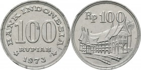 Indonesia - Pattern 100 Rupiah 1973, Aluminium munten Date below denomination. Rev. Minangkabu house.KM. Pn8.Struck in aluminium. 3.02 g. NGC MS63 Min...