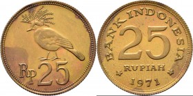 Indonesia - Pattern 25 Rupiah 1971, Copper Stars flank date between denomination. Rev. Victoria crowned pigeon.KM. Pn7.Struck in bronze/brass. 1.38 g....