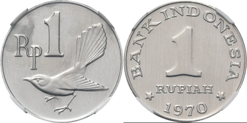 Indonesia - Rupiah 1970, Aluminium munten Fantail flycatcher bird. Rev. value ab...