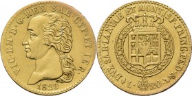 Italy - 20 Lire 1820, Gold, VITTORIO EMANUELE I 1802–1821, SARDINIA Head to left over date. Rev. crowned arms; below: value and mintmark. Fr. 1129; KM...
