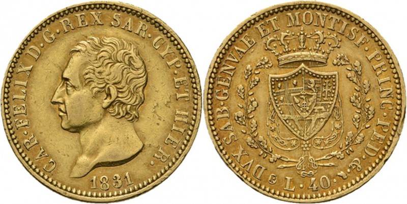 Italy - 40 Lire 1831, Gold, CARLO FELICE 1821–1831, SARDINIA Head to left, date ...