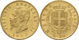 Italy - 20 Lire 1877 R, Gold, VITTORIO EMANUELE II 1861–1878, REGNO D'ITALIA Rome Mint. Bare head to left above date. Rev. crowned arms between two la...