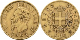 Italy - 10 Lire 1863 T BN, Gold, VITTORIO EMANUELE II 1861–1878, REGNO D'ITALIA Turin Mint. Bare head to left above date. Rev. crowned arms between tw...