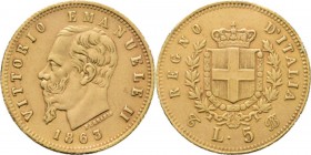 Italy - 5 Lire 1863 T BN, Gold, VITTORIO EMANUELE II 1861–1878, REGNO D'ITALIA Turin Mint. Bare head to left above date. Rev. crowned arms between two...