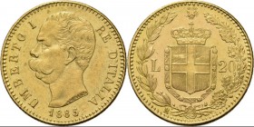 Italy - 20 Lire 1885/? R, Gold, UMBERTO I 1878–1900, REGNO D'ITALIA Rome mint. Bare head to left above date. Rev. crowned arms between value, within w...