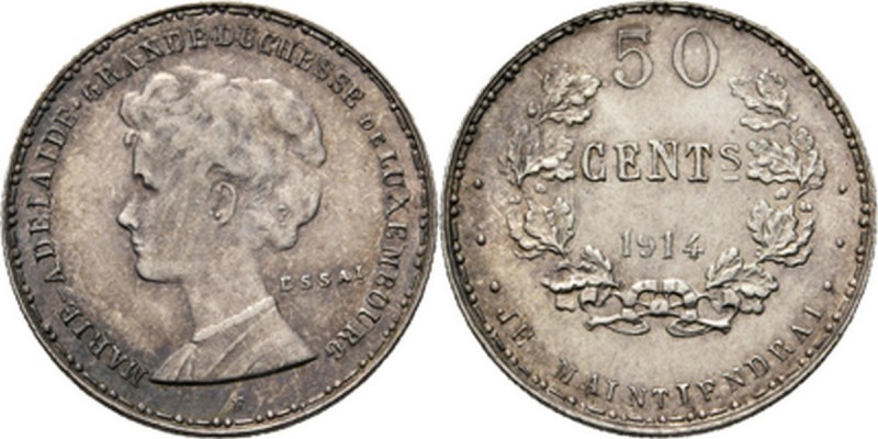 Luxembourg - Essai 50 Centimes 1914, Silver Bust to left. Rev. value within wrea...