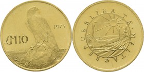 Malta - 10 Pounds 1975, Gold, REPUBLIC National emblem. Rev. falcon between value and date.Fr. 60; KM. 35.3.00 g Proof/Extremely fine