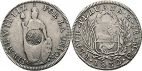 Philippines - 8 Reales (1832), Silver, Countermarked coinage Round type V countermark on 8 Reales Peru 1832. Large figure of Liberty. Rev. arms.KM. 83...