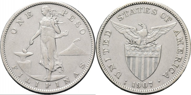 Philippines - Peso 1907 S, Silver San Francisco mint. Liberty standing beside an...
