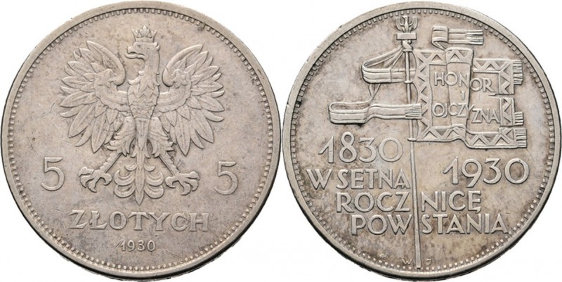 Poland - 5 Zlotych 1930, Silver, REPUBLIC Centennial of the 1830 Revolution. Rev...