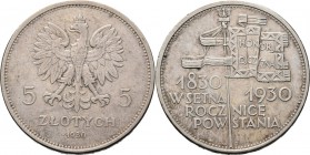 Poland - 5 Zlotych 1930, Silver, REPUBLIC Centennial of the 1830 Revolution. Rev. Pole with flag and banner divides dates.KM. Y19.117.89 g Very fine