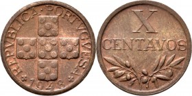 Portugal - X Centavos 1948, Copper, REPUBLIC 1889 – Cross of five shields. Rev. value above sprig.KM. 583 Scarce year UNC