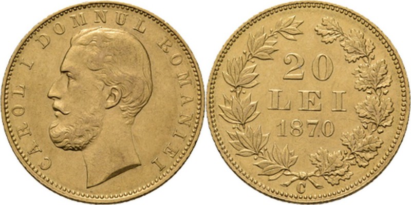 Romania - 20 Lei 1870, Gold, CAROL I 1866–1914 Head to left. Rev. value and date...