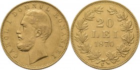 Romania - 20 Lei 1870, Gold, CAROL I 1866–1914 Head to left. Rev. value and date within wreath.Fr. 2; KM. 7.6.43 g. R Very fine +
