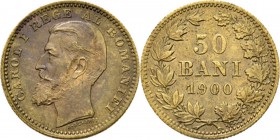Romania - 50 Bani 1900, Copper, CAROL I 1866–1914 Head left. Rev. value and date within wreath. Struck in brass.Cf. KM. 23There is no mention in Kraus...