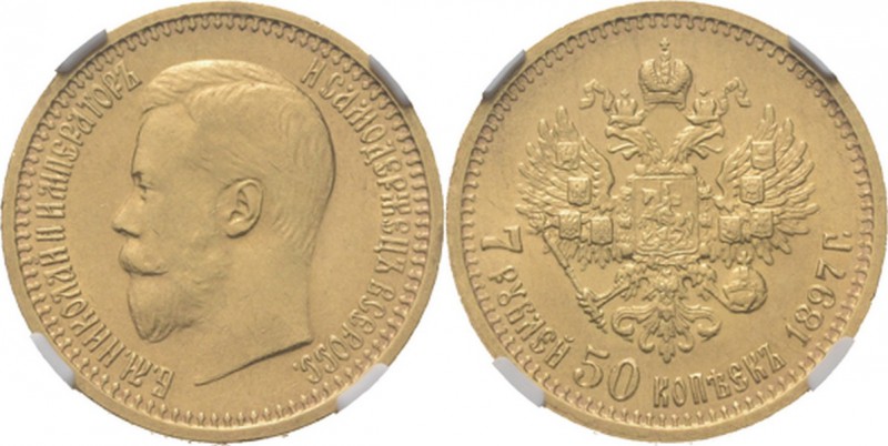 Russia - 7½ Roubles 1897, Gold, NICHOLAS II 1894–1917 Head to left. Rev. crowned...