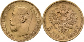 Russia - 5 Roubles 1899, Gold, NICHOLAS II 1894–1917 Head to left. Rev. crowned double-headed eagle over value and date.Fr. 180; KM. Y624.27 g Nearly ...