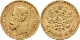 Russia - 5 Roubles 1900, Gold, NICHOLAS II 1894–1917 Head to left. Rev. crowned double-headed eagle over value and date.Fr. 180; KM. Y624.27 g Fine +...