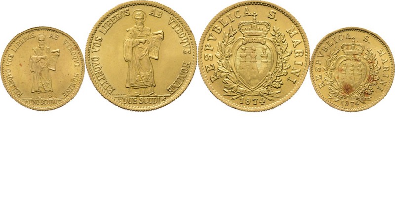 San Marino - Mint Set 1974, Gold In gold. One Scudo and Two Scudi. Shield within...
