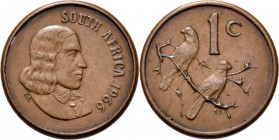 South Africa - Cent 1966, Copper, REPUBLIC 1961– Head to right. Rev. sparrows below value.cf. KM. 65.1; cf. Hern D19 This piece has a plain edge inste...