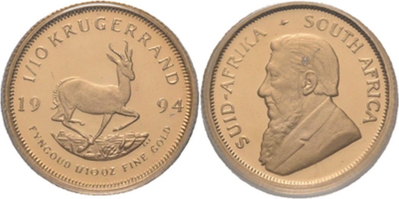 South Africa - 1/10 Krugerrand 1994, Gold, REPUBLIC 1961– Bust Paul Kruger left....