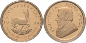 South Africa - 1/10 Krugerrand 1994, Gold, REPUBLIC 1961– Bust Paul Kruger left. Rev. springbok.KM. 105; Fr. B4 Prooflike