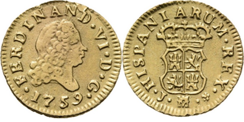 Spain - ½ Escudo 1759, Gold, FERNANDO VI 1746–1759 Madrid mint. Bust to right ov...