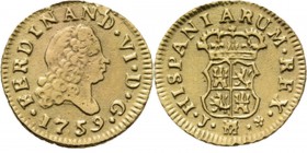 Spain - ½ Escudo 1759, Gold, FERNANDO VI 1746–1759 Madrid mint. Bust to right over date. Rev. crowned arms, mint– and assayers mark below.Fr. 274; KM....
