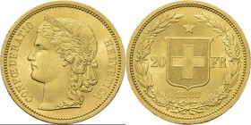 Switzerland - 20 Francs 1883, Gold, EIDGENOSSENSCHAFT Girls head to left. Rev. cross on shield between value and date. Reeded edge.Fr. 495; KM. 31.3.6...