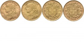 Switzerland - 20 Francs (2) 1935 L B, Gold, EIDGENOSSENSCHAFT Girls head against Alps background. Rev. cross on shield. Fr. 499 (7); KM. 35.1.This iss...
