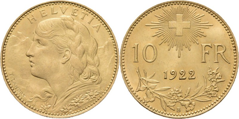 Switzerland - 10 Francs 1922, Gold, EIDGENOSSENSCHAFT Girls head against Alps ba...