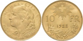 Switzerland - 10 Francs 1922, Gold, EIDGENOSSENSCHAFT Girls head against Alps background. Rev. radiant cross above date and sprigs.Fr. 504; KM. 36.3.2...