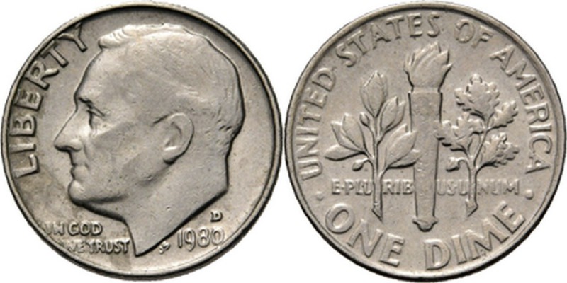 United States - Dime 1980 D Head to left. Rev. torch flanked by an oak and an ol...