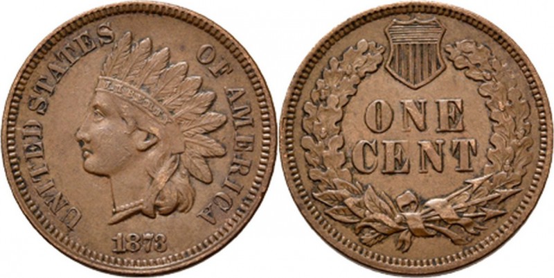 United States - One cent 1873, Copper Variety 3. Indian head. Rev. oak wreath wi...