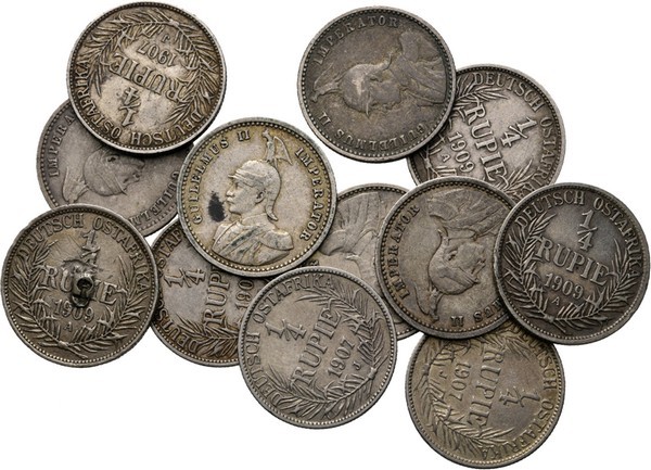 LOTS - Lot German East Africa 1/4 Rupie (12) 1907 J (6) & 1909 A (6). Armoured b...