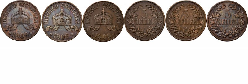 LOTS - Lot German East Africa 5 Heller (3) 1909 J Crown with ribbon above date. ...