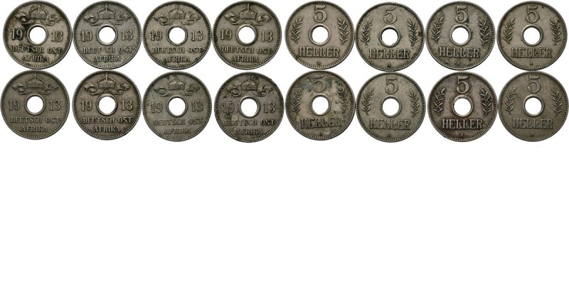 LOTS - Lot German East Africa 5 Heller (8) 1913 A Center hole divides date, crow...
