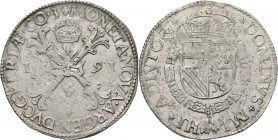 Bourgondische kruisrijksdaalder 1591, Silver Type III op naam van de provincie. Twee gekruiste stokken tussen jaartal MONETA• NOVA• ARGEN• DVC• GELRIÆ...