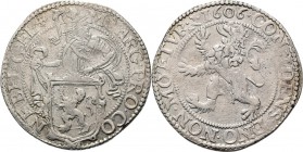 Leeuwendaalder 1606, Silver Type IIa. Ridder met pluim aan helm naar rechts achter wapenschild met …PRO CO – ·NF· BELG· GEL· mmt. Gelders kruisje. Kz....