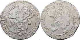 Leeuwendaalder 1633, Silver Type IIa. Ridder met pluim aan helm naar rechts achter kleiner wapenschild …CON·FOE· BEL· GEL mmt. Gelders kruisje. Kz. kl...