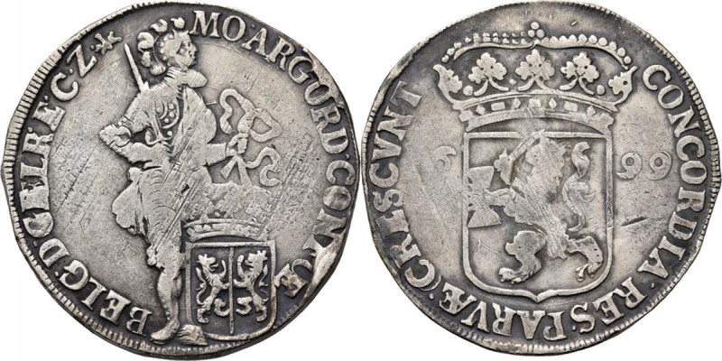 Zilveren dukaat 1699, Silver Type IIIa. Zonder binnencirkels. Ridder met provinc...