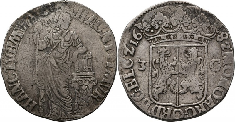 3 Gulden 1682, Silver Type Ia. Staande Nederlandse maagd. Kz. gekroond provincie...