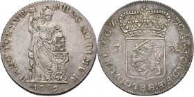 3 Gulden 1786, Silver Type III. Staande Nederlandse maagd, jaartal in afsnede, mmt. korenaar vóór het omschrift. Kz. gekroond generaliteitswapen tusse...