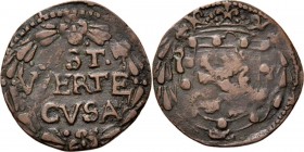 Duit z.j, Copper, HERMAN FREDERIK van den Bergh 1627–1631, STEVENSWEERT Binnen een tulprand ·SST· / WERTE / CVSA / · ·. Kz. wapenschild.Lucas 57; Ser....