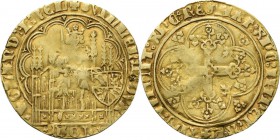 Gouden schild of klinckaert z.j, Gold, WILLEM VI van Beieren 1404–1417 Emissie 1411. De graaf op een gotische troon met zwaard en gecombineerd Holland...