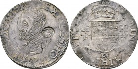 ½ Philipsdaalder 1572, Silver, PHILIPS II 1555–1581 Type II. Borstbeeld naar links, daaronder mmt. roosje tussen jaartal PHS· D: G· etc. Kz. gekroond ...